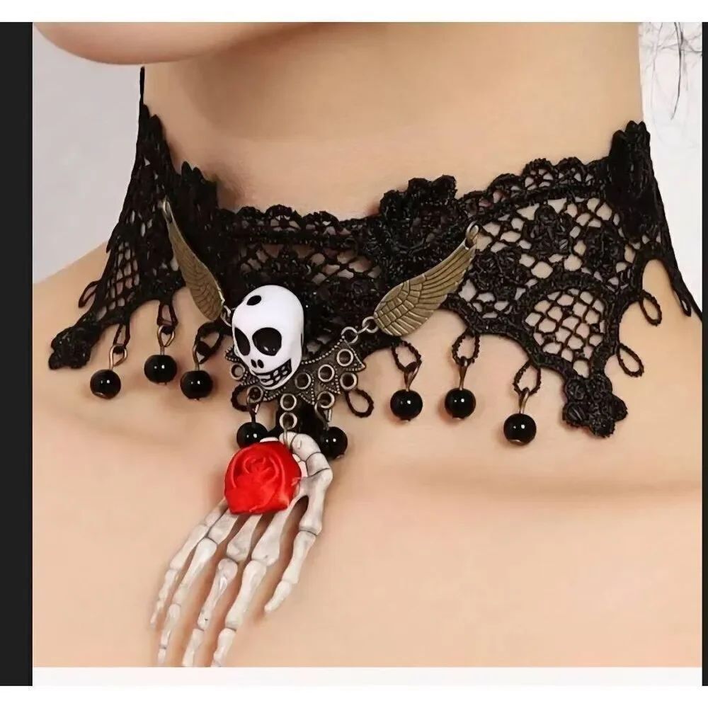 Jacobson Hat Halloween Black Lace Choker With Skeleton Hand